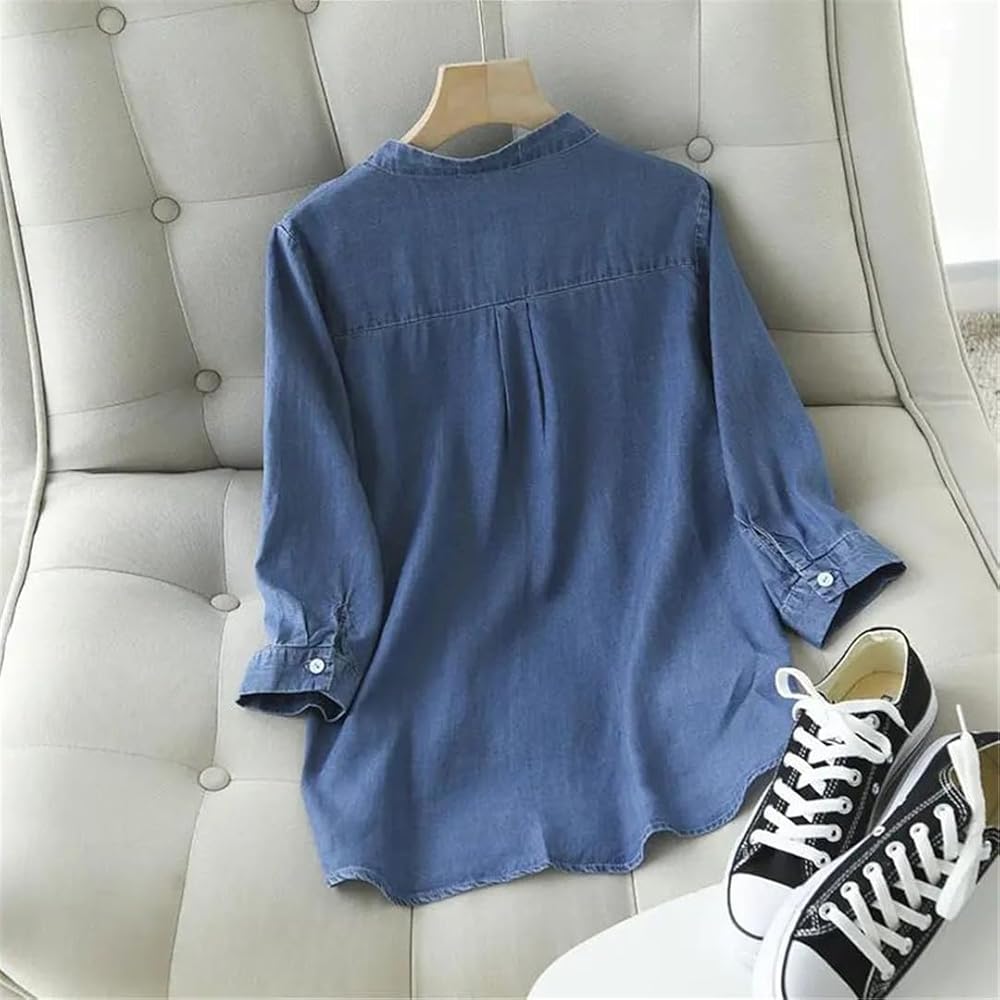 トップス Levis PULL OVER V-NECK S/S DENIM SHIRTS Meufam Women Casual V Neck Denim Shirt Fall Long Sleeve